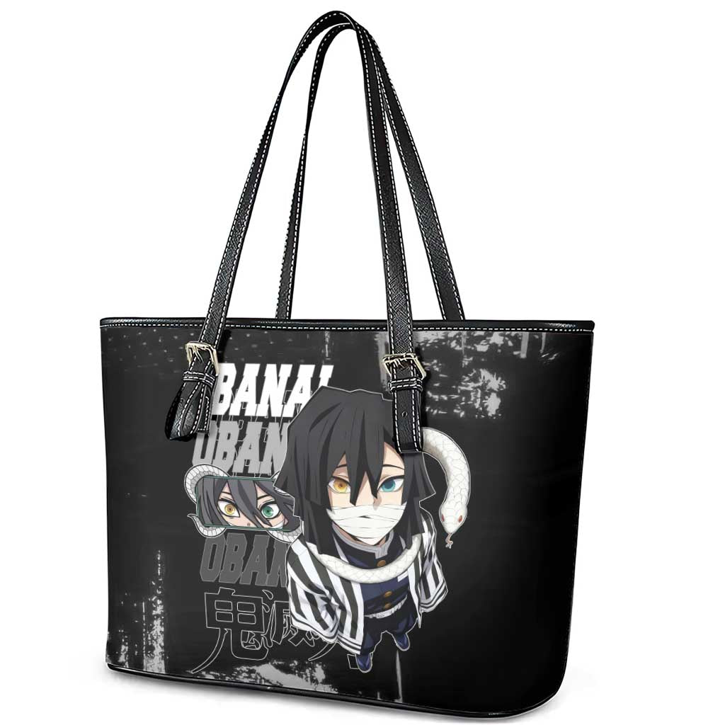 Obanai Iguro Demon Slayer Monochrome Leather Tote Bag Design with Snake and Grunge Texture - The Mazicc