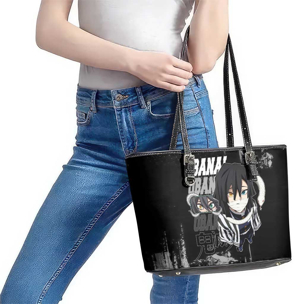 Obanai Iguro Demon Slayer Monochrome Leather Tote Bag Design with Snake and Grunge Texture - The Mazicc