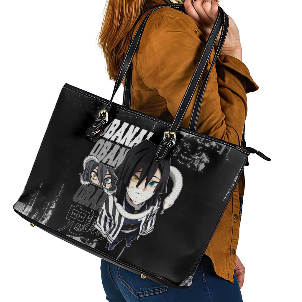 Obanai Iguro Demon Slayer Monochrome Leather Tote Bag Design with Snake and Grunge Texture - The Mazicc