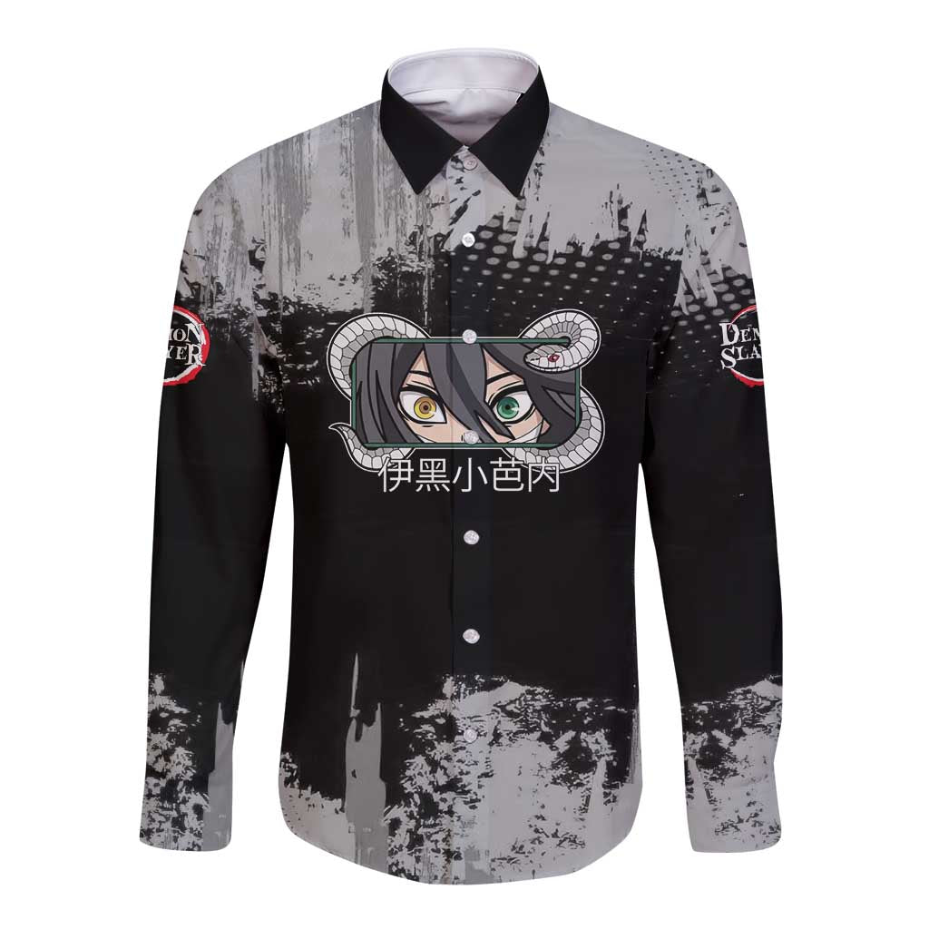 Obanai Iguro Demon Slayer Monochrome Long Sleeve Button Shirt Design with Snake and Grunge Texture - The Mazicc