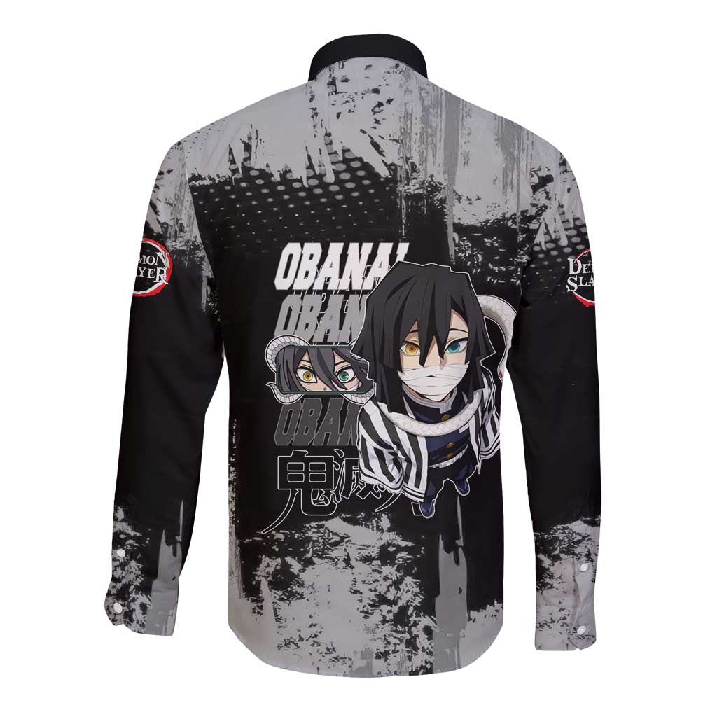 Obanai Iguro Demon Slayer Monochrome Long Sleeve Button Shirt Design with Snake and Grunge Texture - The Mazicc