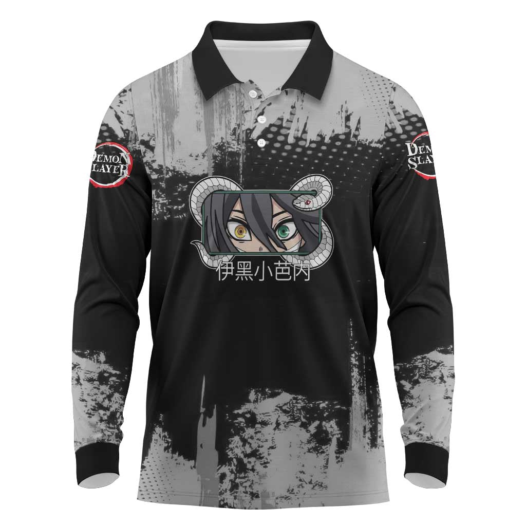 Obanai Iguro Demon Slayer Monochrome Long Sleeve Polo Shirt Design with Snake and Grunge Texture - The Mazicc