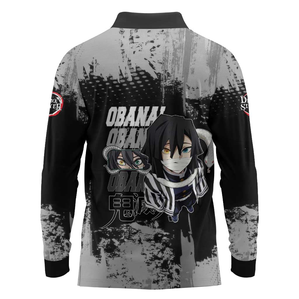 Obanai Iguro Demon Slayer Monochrome Long Sleeve Polo Shirt Design with Snake and Grunge Texture - The Mazicc