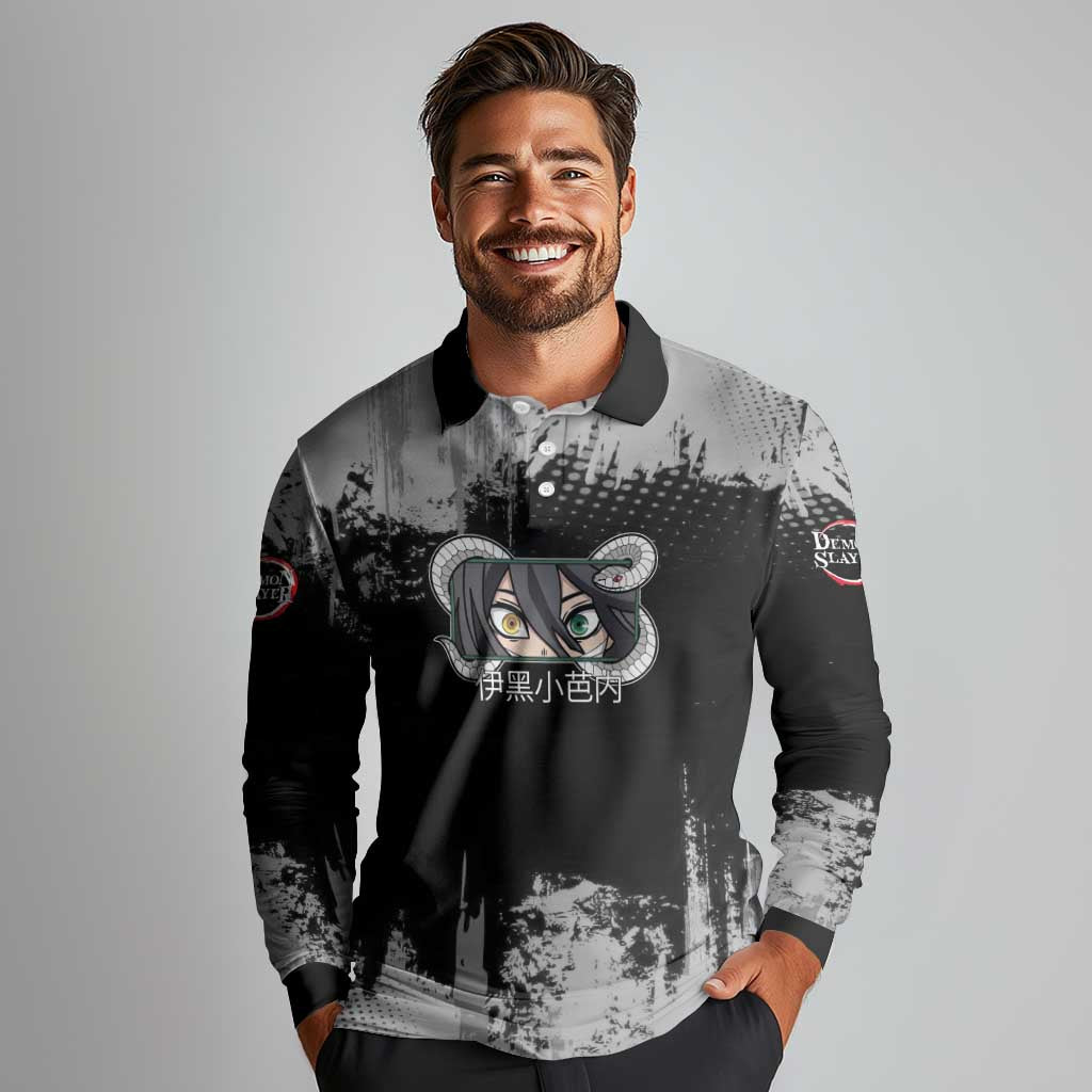 Obanai Iguro Demon Slayer Monochrome Long Sleeve Polo Shirt Design with Snake and Grunge Texture - The Mazicc