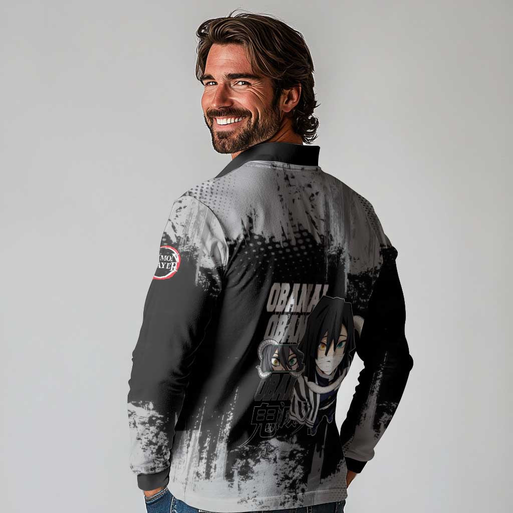 Obanai Iguro Demon Slayer Monochrome Long Sleeve Polo Shirt Design with Snake and Grunge Texture - The Mazicc