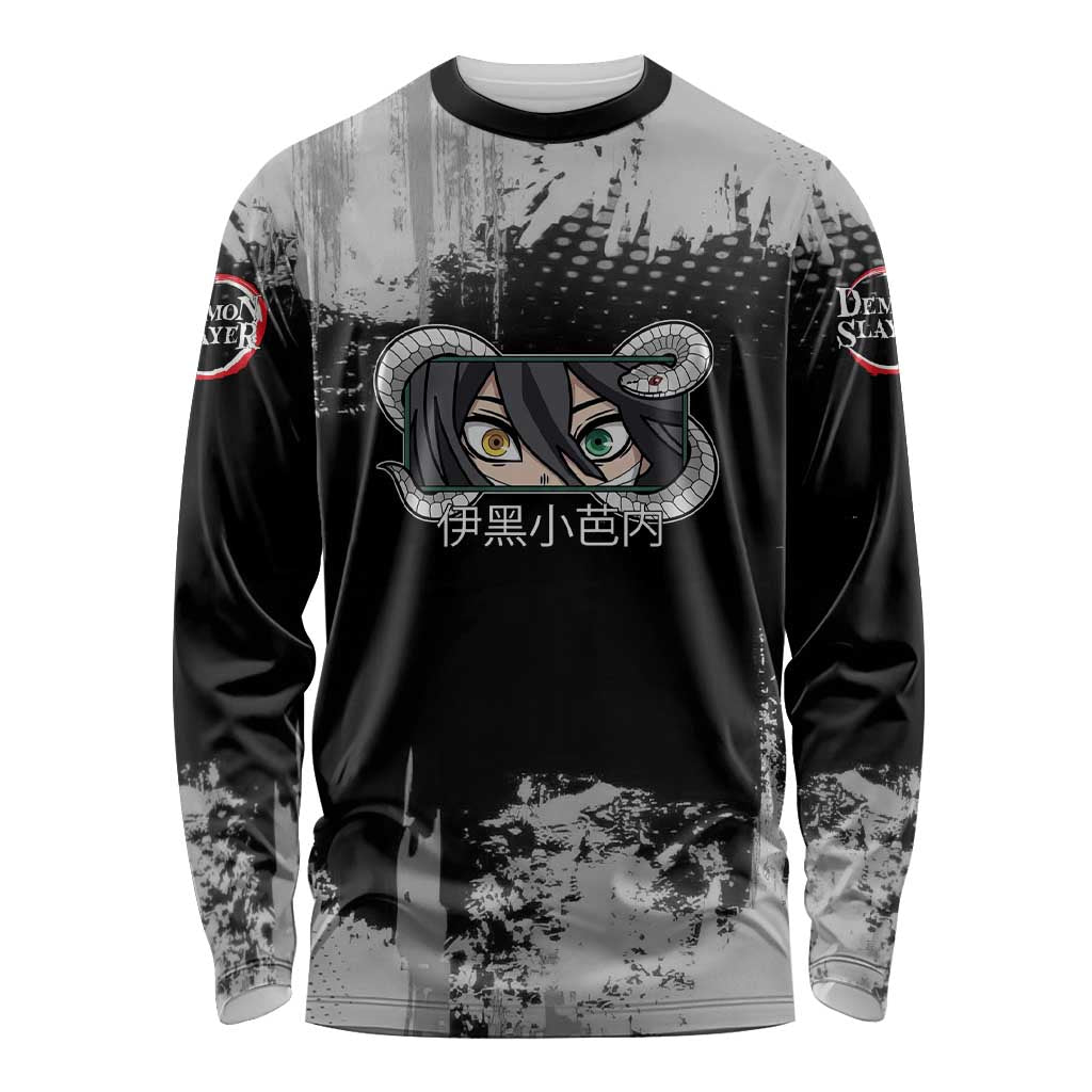 Obanai Iguro Demon Slayer Monochrome Long Sleeve Shirt Design with Snake and Grunge Texture - The Mazicc