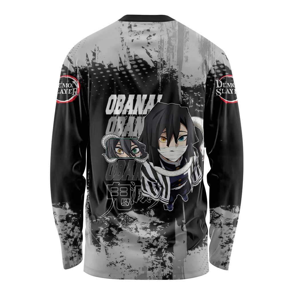 Obanai Iguro Demon Slayer Monochrome Long Sleeve Shirt Design with Snake and Grunge Texture - The Mazicc