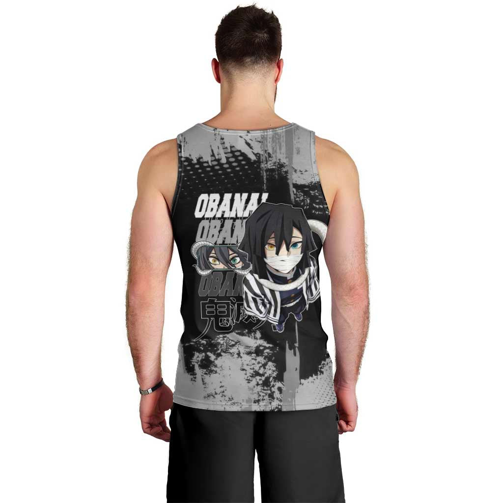 Obanai Iguro Demon Slayer Monochrome Men Tank Top Design with Snake and Grunge Texture - The Mazicc