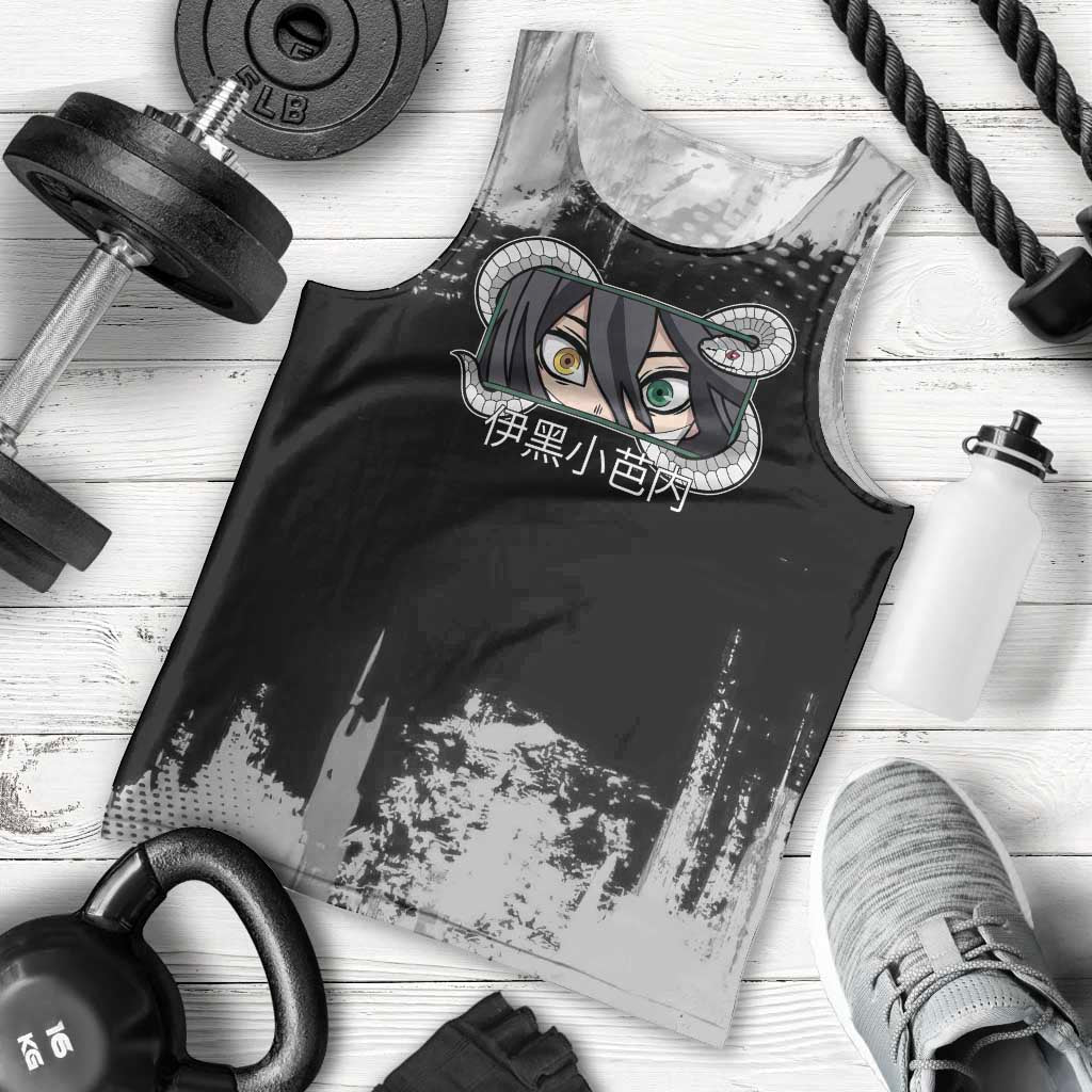 Obanai Iguro Demon Slayer Monochrome Men Tank Top Design with Snake and Grunge Texture - The Mazicc