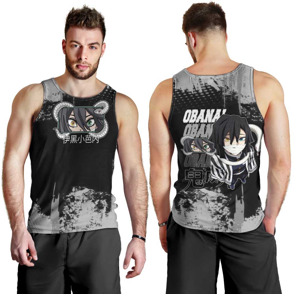 Obanai Iguro Demon Slayer Monochrome Men Tank Top Design with Snake and Grunge Texture - The Mazicc