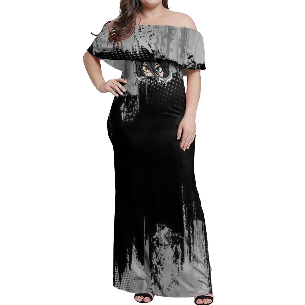 Obanai Iguro Demon Slayer Monochrome Off Shoulder Maxi Dress Design with Snake and Grunge Texture - The Mazicc