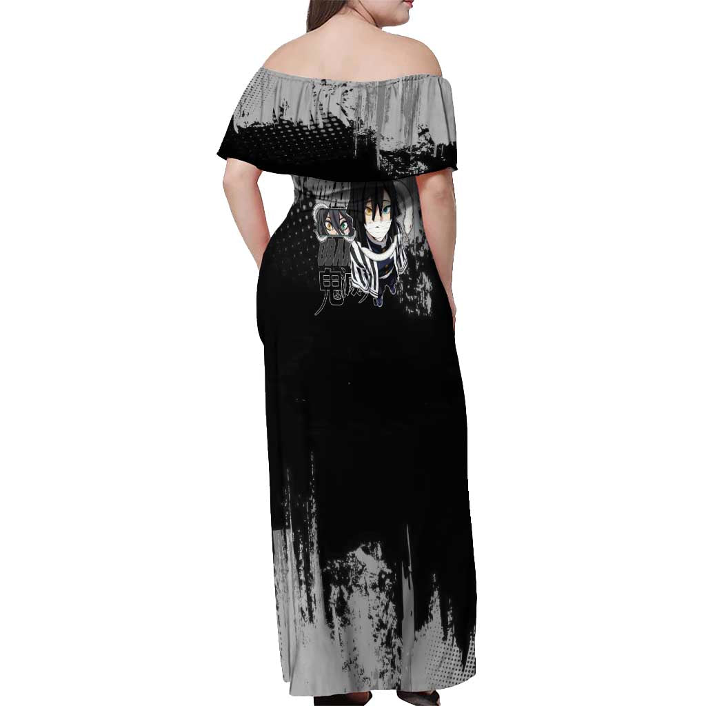 Obanai Iguro Demon Slayer Monochrome Off Shoulder Maxi Dress Design with Snake and Grunge Texture - The Mazicc