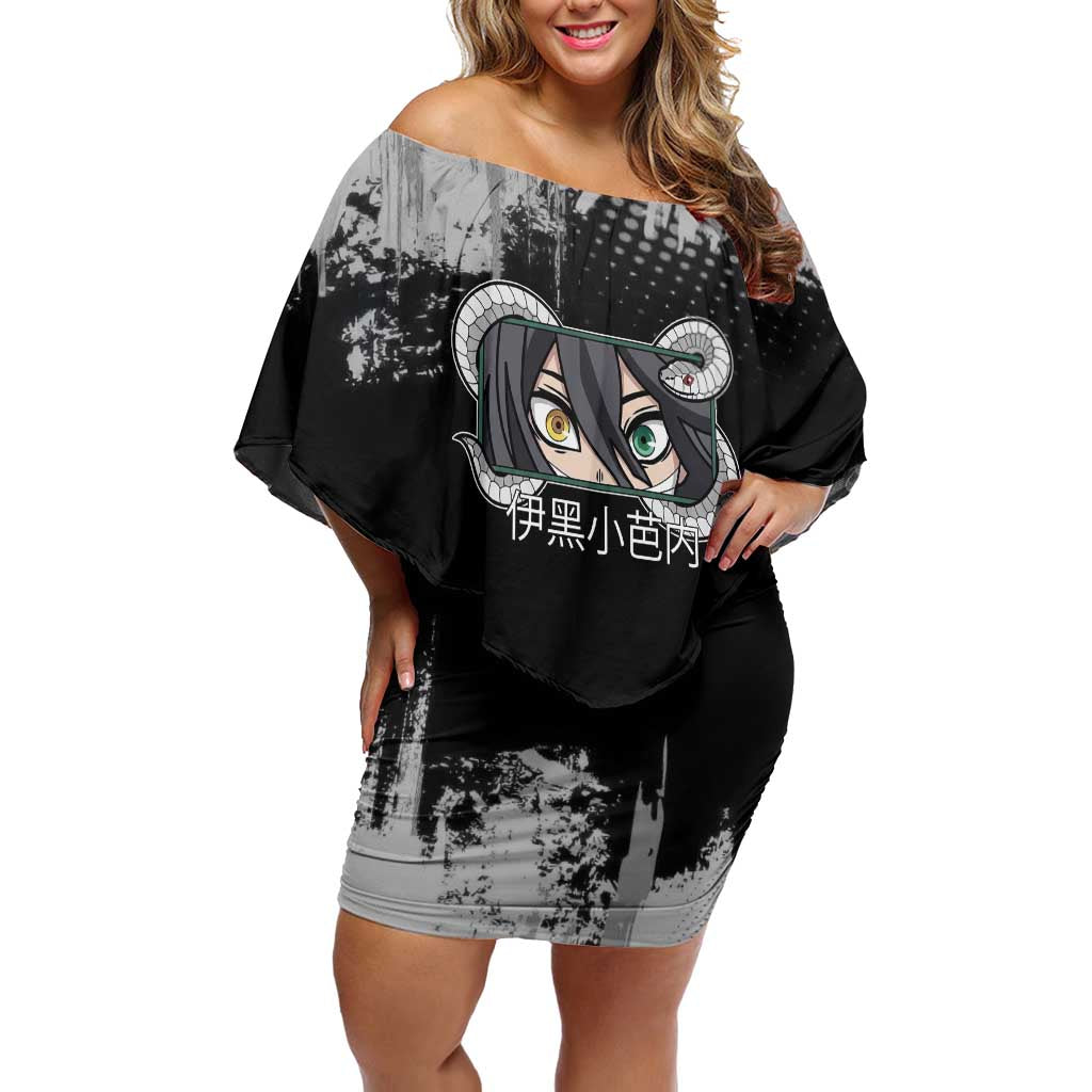 Obanai Iguro Demon Slayer Monochrome Off Shoulder Short Dress Design with Snake and Grunge Texture - The Mazicc