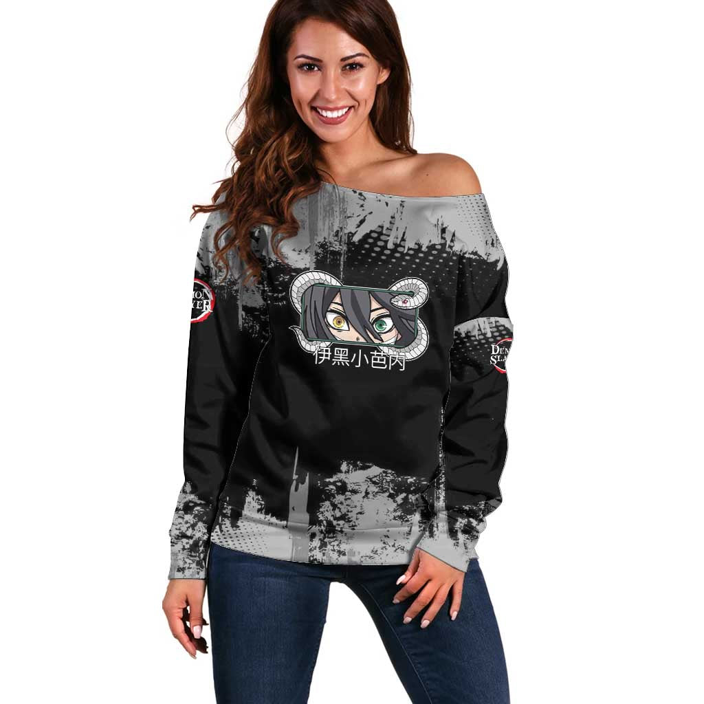 Obanai Iguro Demon Slayer Monochrome Off Shoulder Sweater Design with Snake and Grunge Texture - The Mazicc