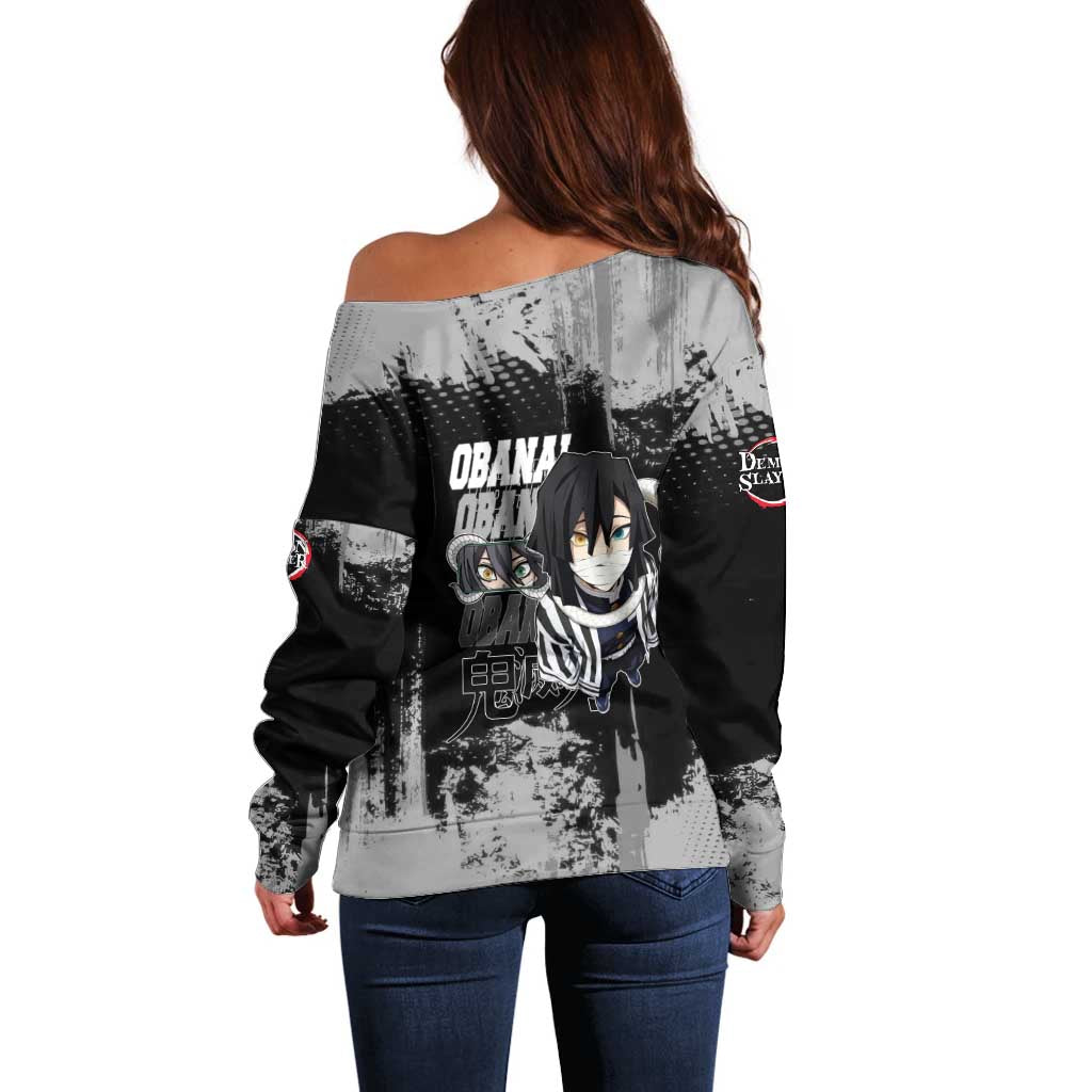 Obanai Iguro Demon Slayer Monochrome Off Shoulder Sweater Design with Snake and Grunge Texture - The Mazicc