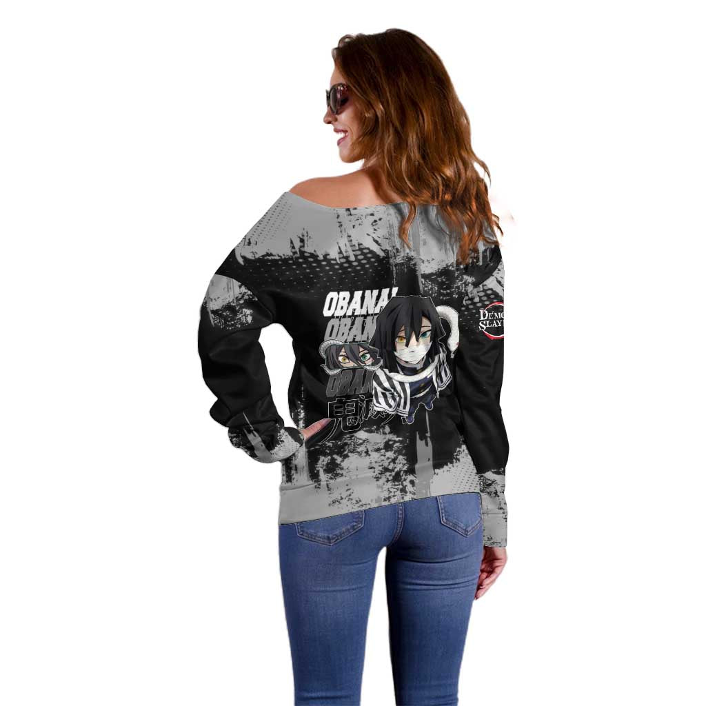 Obanai Iguro Demon Slayer Monochrome Off Shoulder Sweater Design with Snake and Grunge Texture - The Mazicc