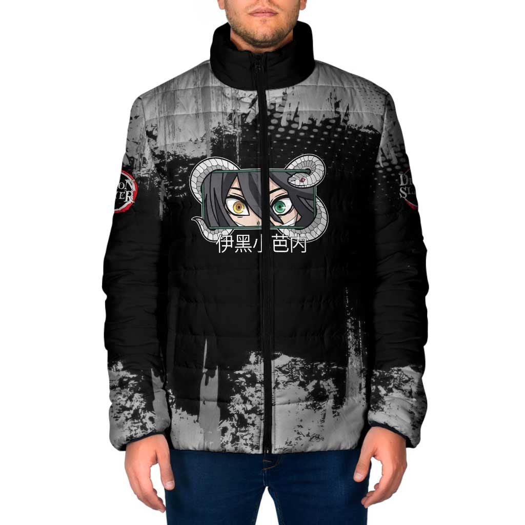 Obanai Iguro Demon Slayer Monochrome Padded Jacket Design with Snake and Grunge Texture - The Mazicc
