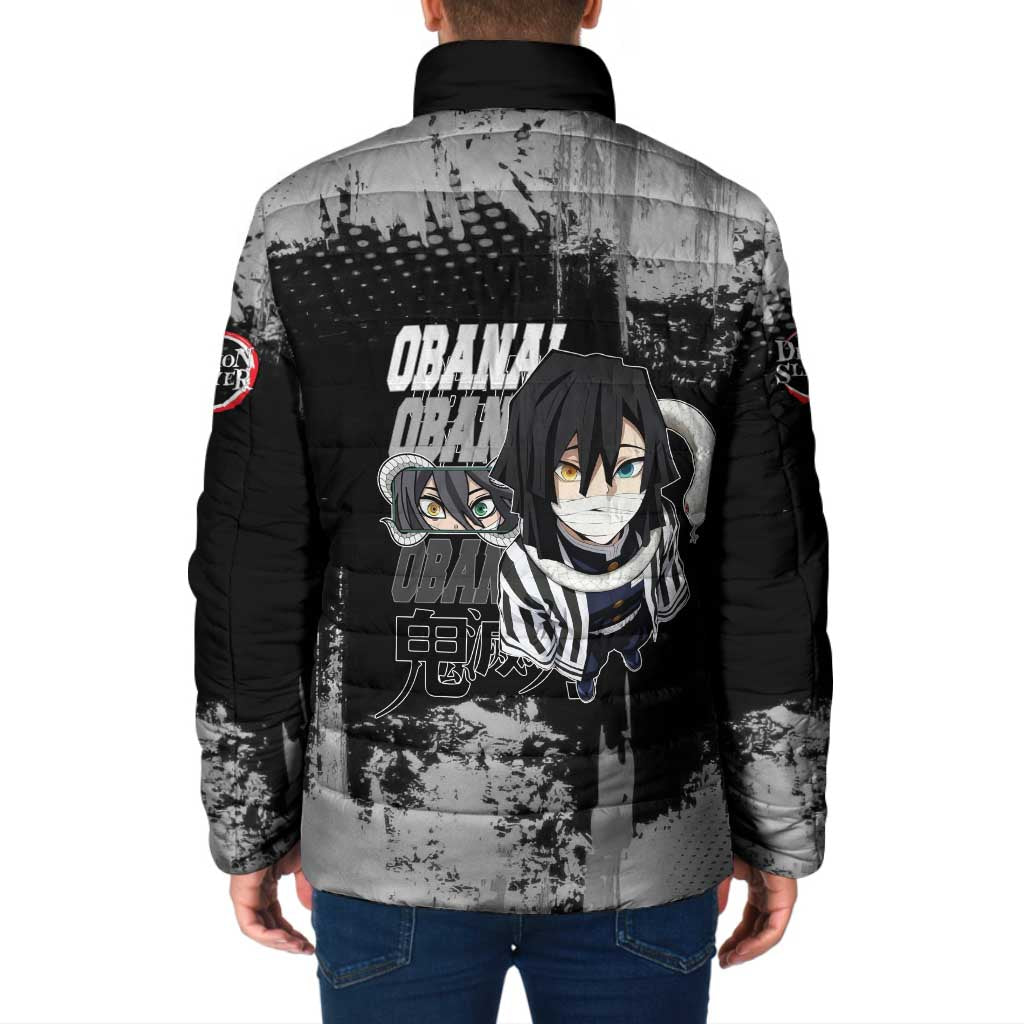 Obanai Iguro Demon Slayer Monochrome Padded Jacket Design with Snake and Grunge Texture - The Mazicc
