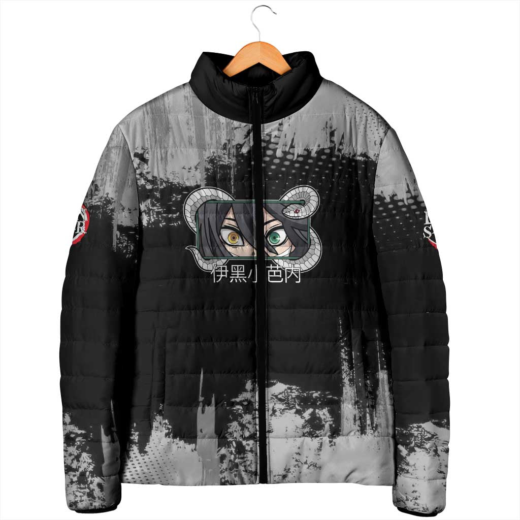 Obanai Iguro Demon Slayer Monochrome Padded Jacket Design with Snake and Grunge Texture - The Mazicc