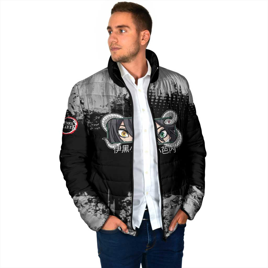 Obanai Iguro Demon Slayer Monochrome Padded Jacket Design with Snake and Grunge Texture - The Mazicc