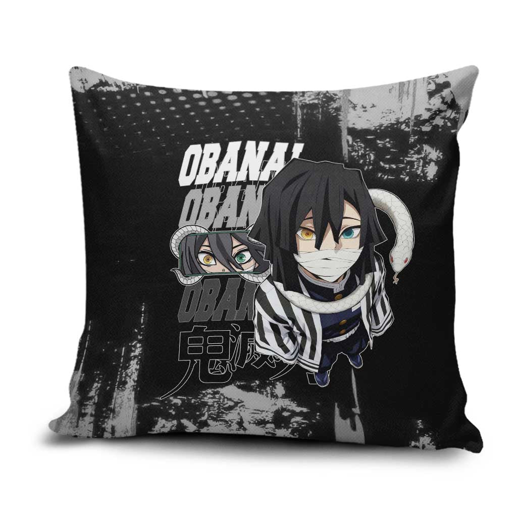 Obanai Iguro Demon Slayer Monochrome Pillow Cover Design with Snake and Grunge Texture - The Mazicc