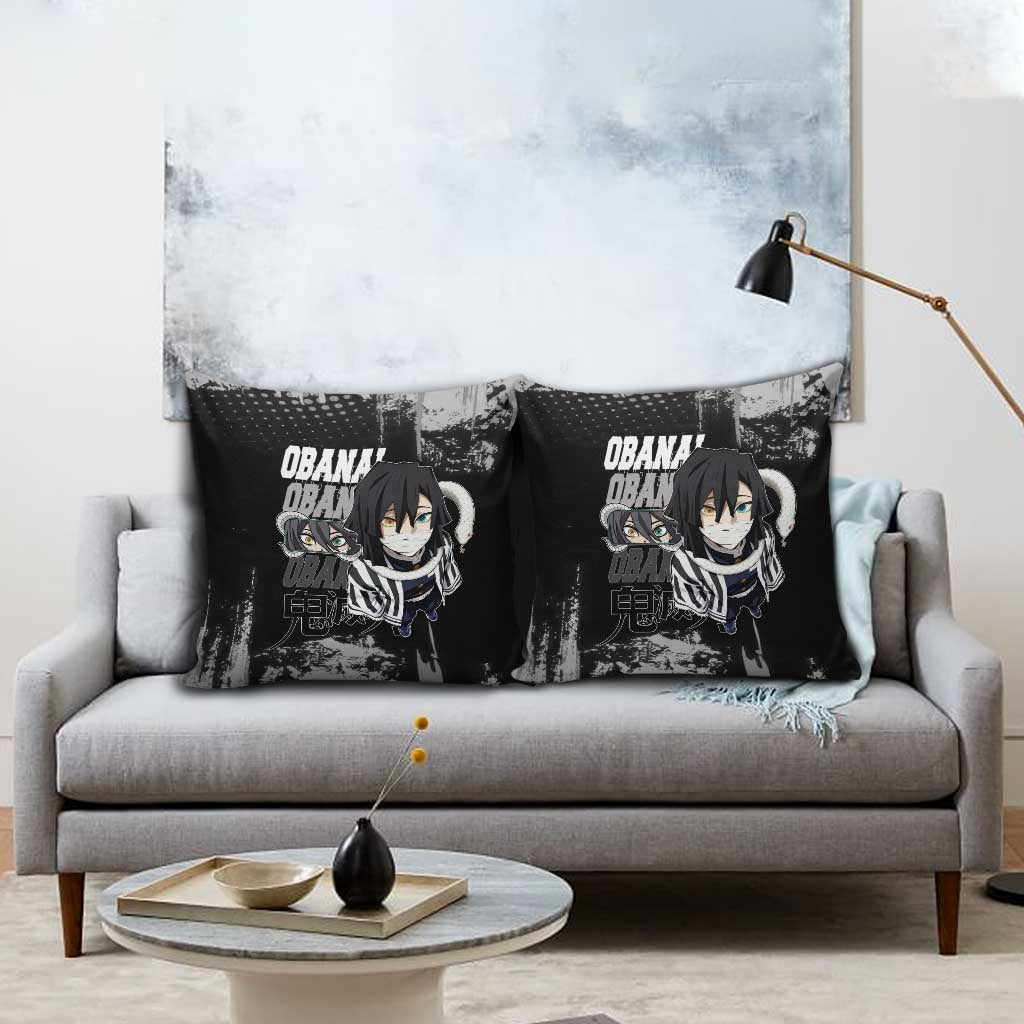 Obanai Iguro Demon Slayer Monochrome Pillow Cover Design with Snake and Grunge Texture - The Mazicc