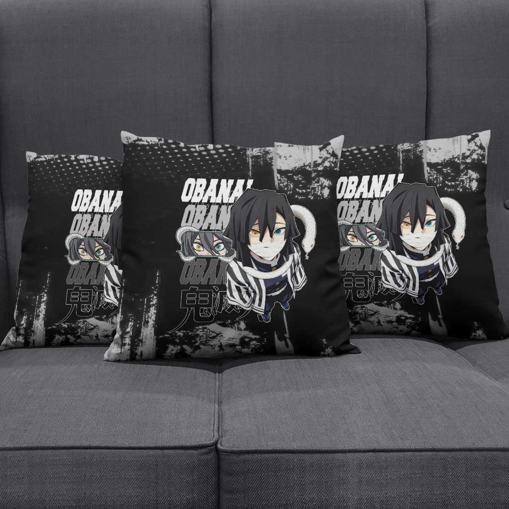 Obanai Iguro Demon Slayer Monochrome Pillow Cover Design with Snake and Grunge Texture - The Mazicc