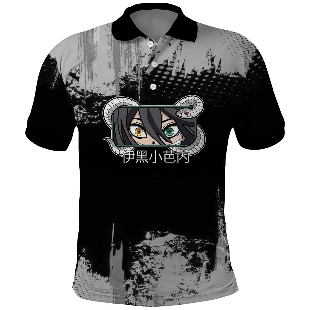 Obanai Iguro Demon Slayer Monochrome Polo Shirt Design with Snake and Grunge Texture - The Mazicc
