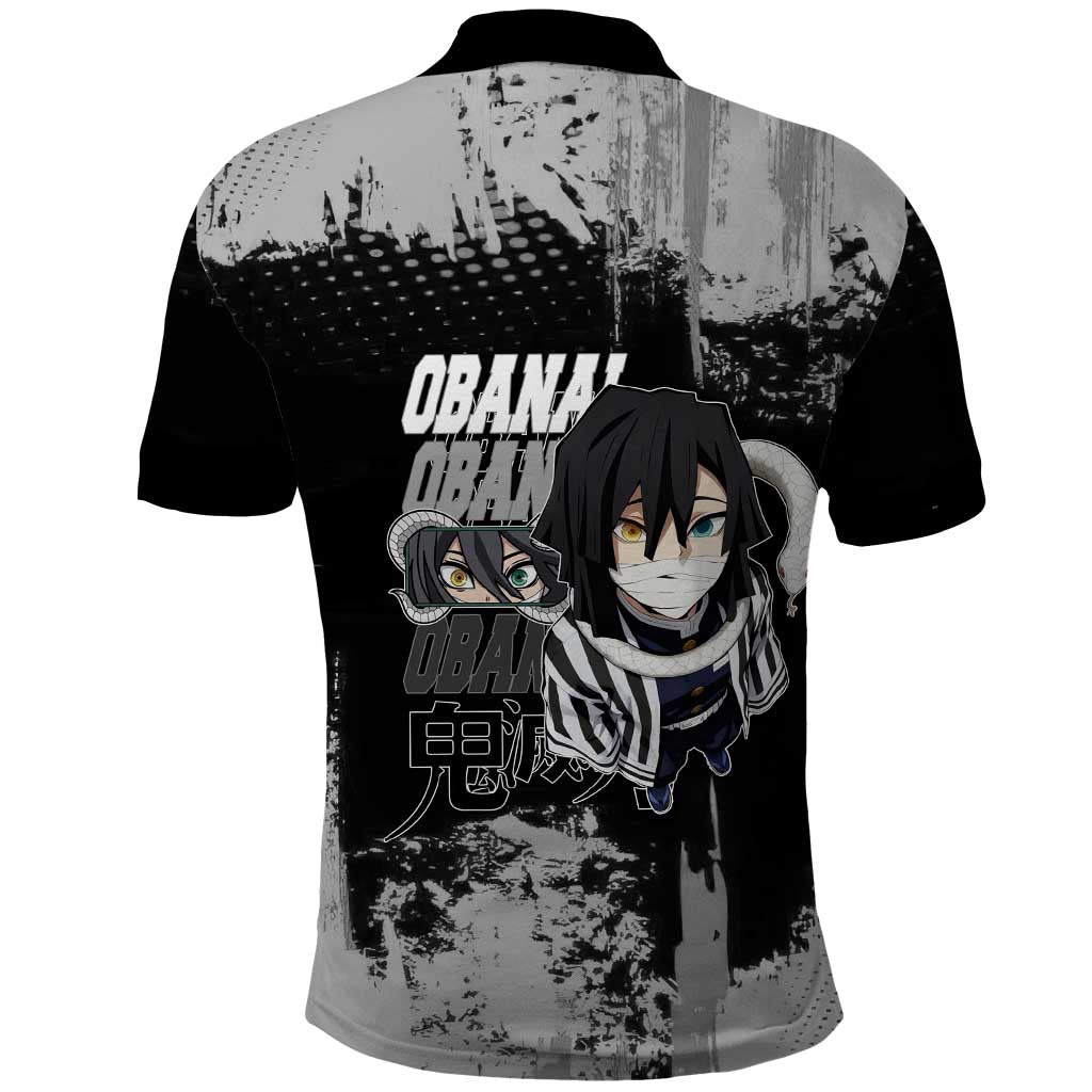 Obanai Iguro Demon Slayer Monochrome Polo Shirt Design with Snake and Grunge Texture - The Mazicc