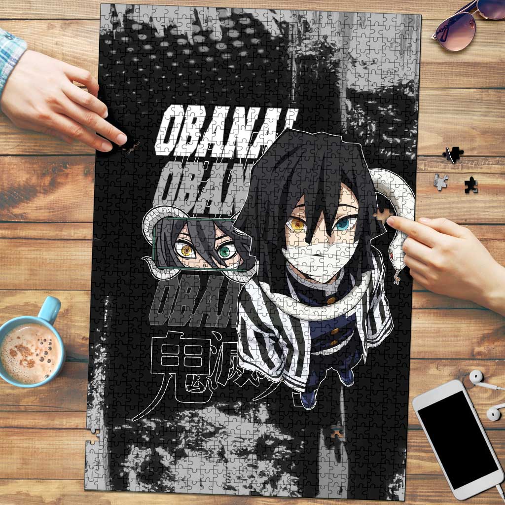 Obanai Iguro Demon Slayer Monochrome Puzzle Design with Snake and Grunge Texture - The Mazicc
