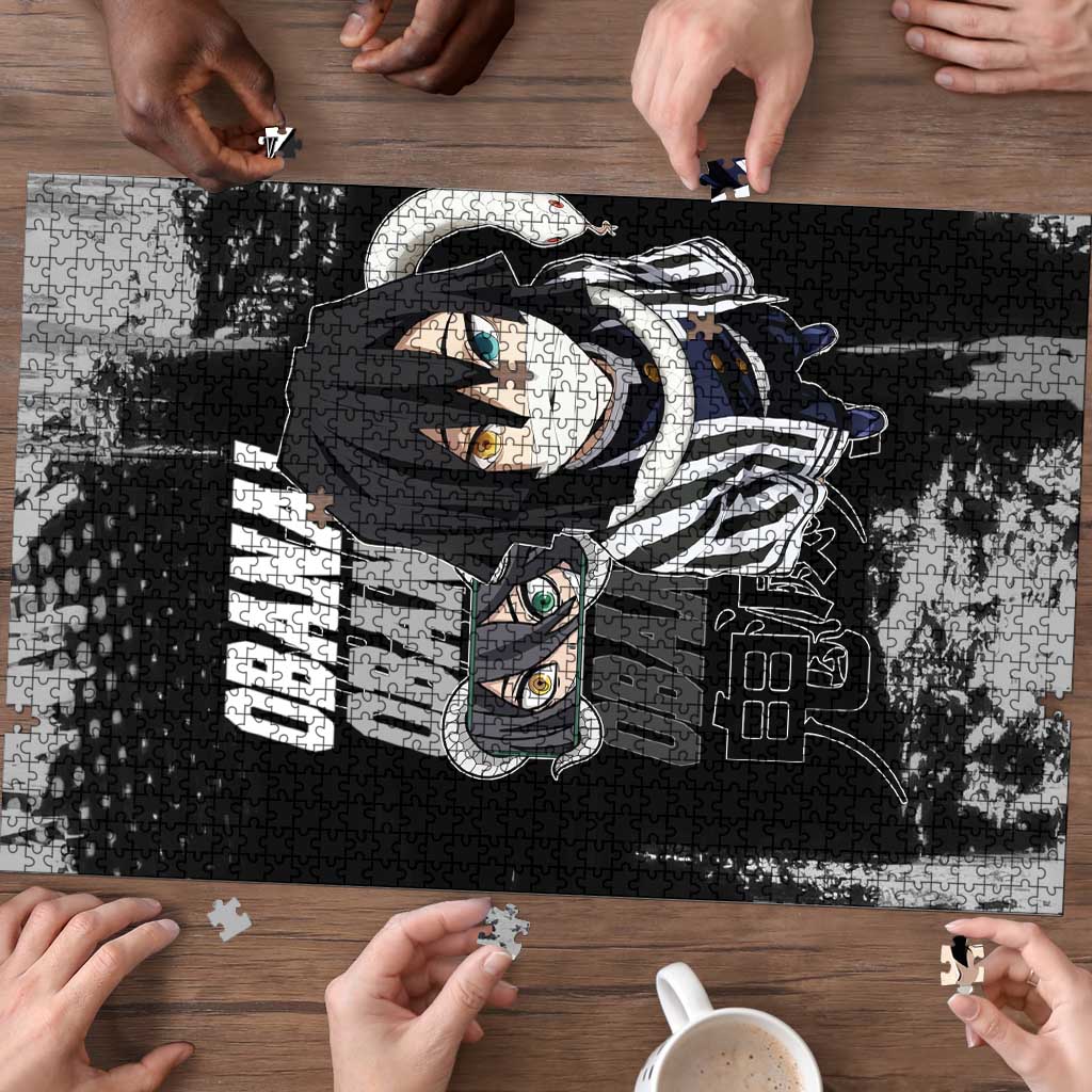 Obanai Iguro Demon Slayer Monochrome Puzzle Design with Snake and Grunge Texture - The Mazicc