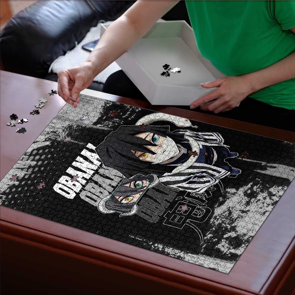 Obanai Iguro Demon Slayer Monochrome Puzzle Design with Snake and Grunge Texture - The Mazicc