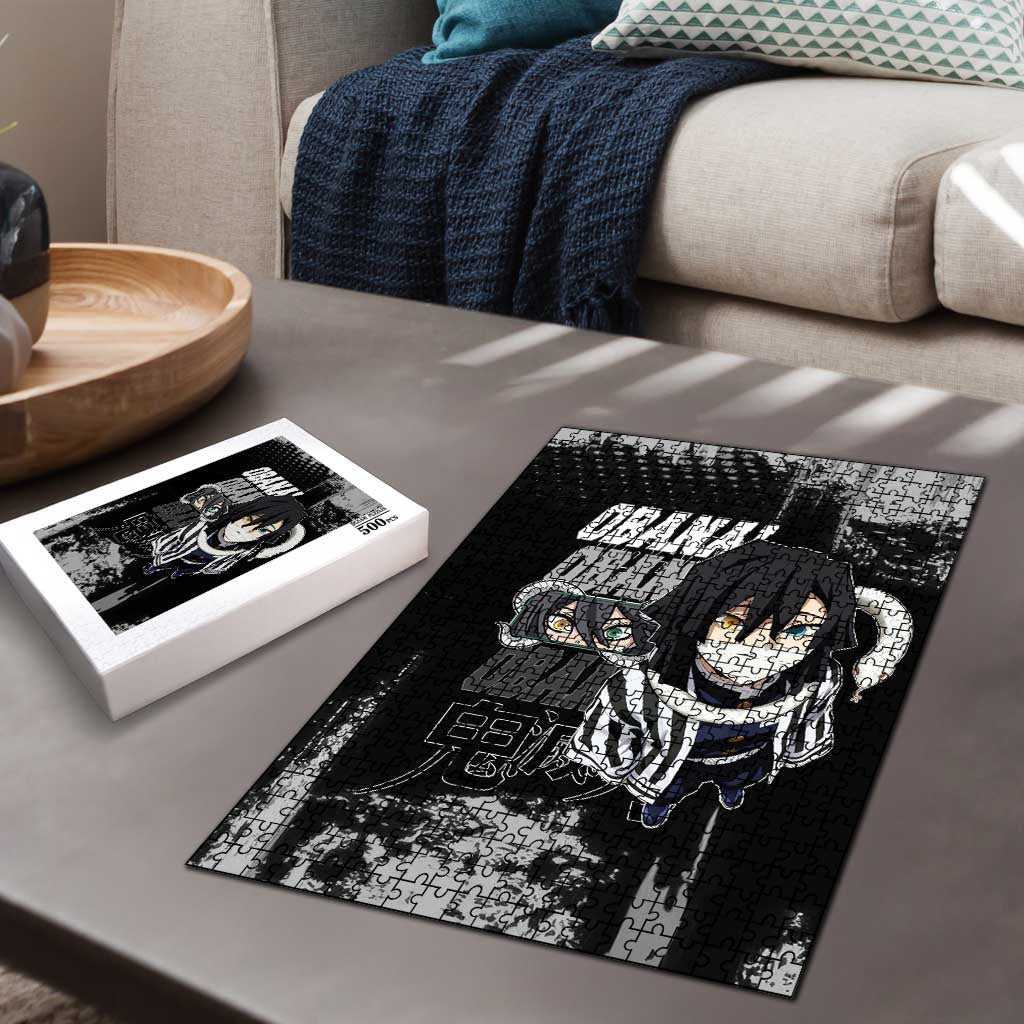 Obanai Iguro Demon Slayer Monochrome Puzzle Design with Snake and Grunge Texture - The Mazicc