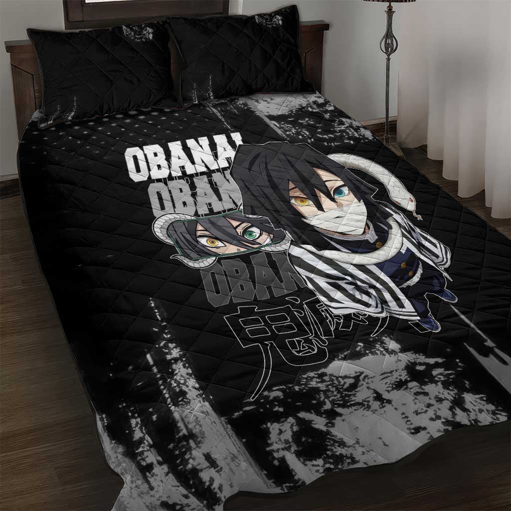 Obanai Iguro Demon Slayer Monochrome Quilt Bed Set Design with Snake and Grunge Texture - The Mazicc