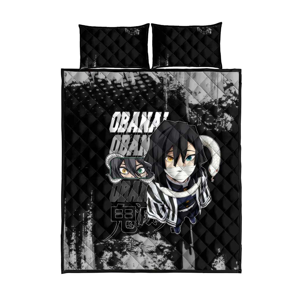 Obanai Iguro Demon Slayer Monochrome Quilt Bed Set Design with Snake and Grunge Texture - The Mazicc