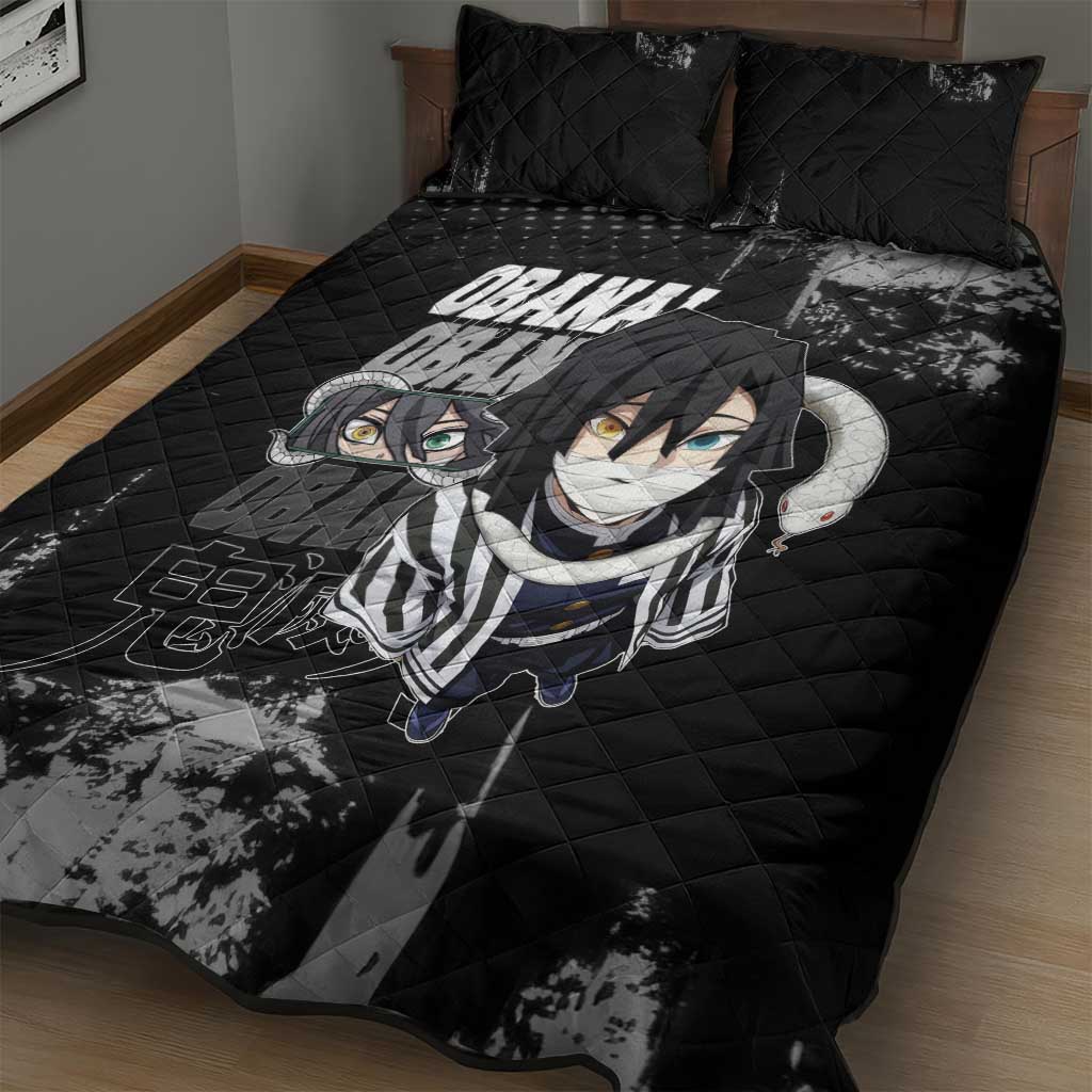 Obanai Iguro Demon Slayer Monochrome Quilt Bed Set Design with Snake and Grunge Texture - The Mazicc