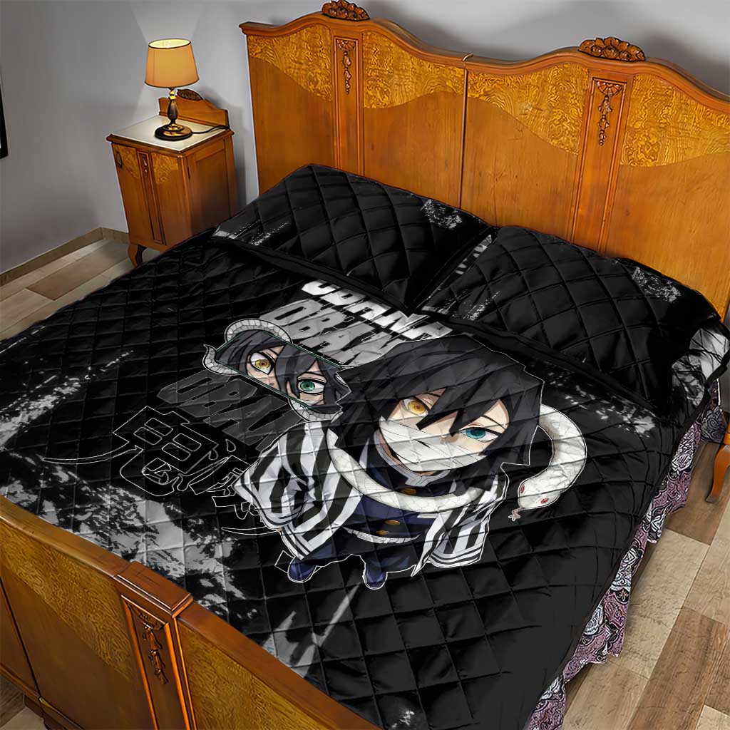 Obanai Iguro Demon Slayer Monochrome Quilt Bed Set Design with Snake and Grunge Texture - The Mazicc