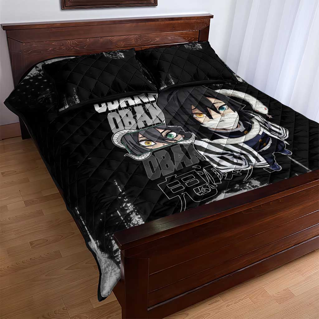 Obanai Iguro Demon Slayer Monochrome Quilt Bed Set Design with Snake and Grunge Texture - The Mazicc