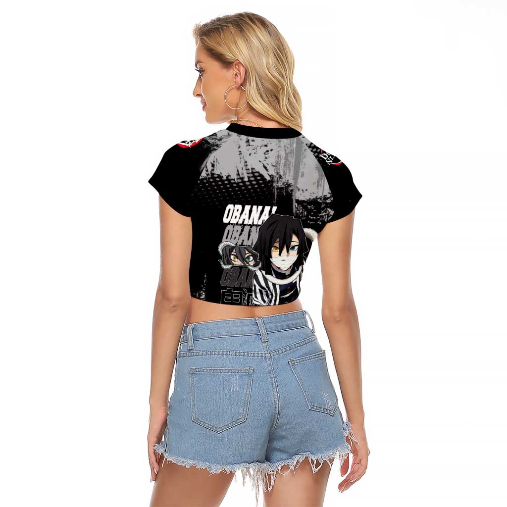 Obanai Iguro Demon Slayer Monochrome Raglan Cropped T Shirt Design with Snake and Grunge Texture - The Mazicc