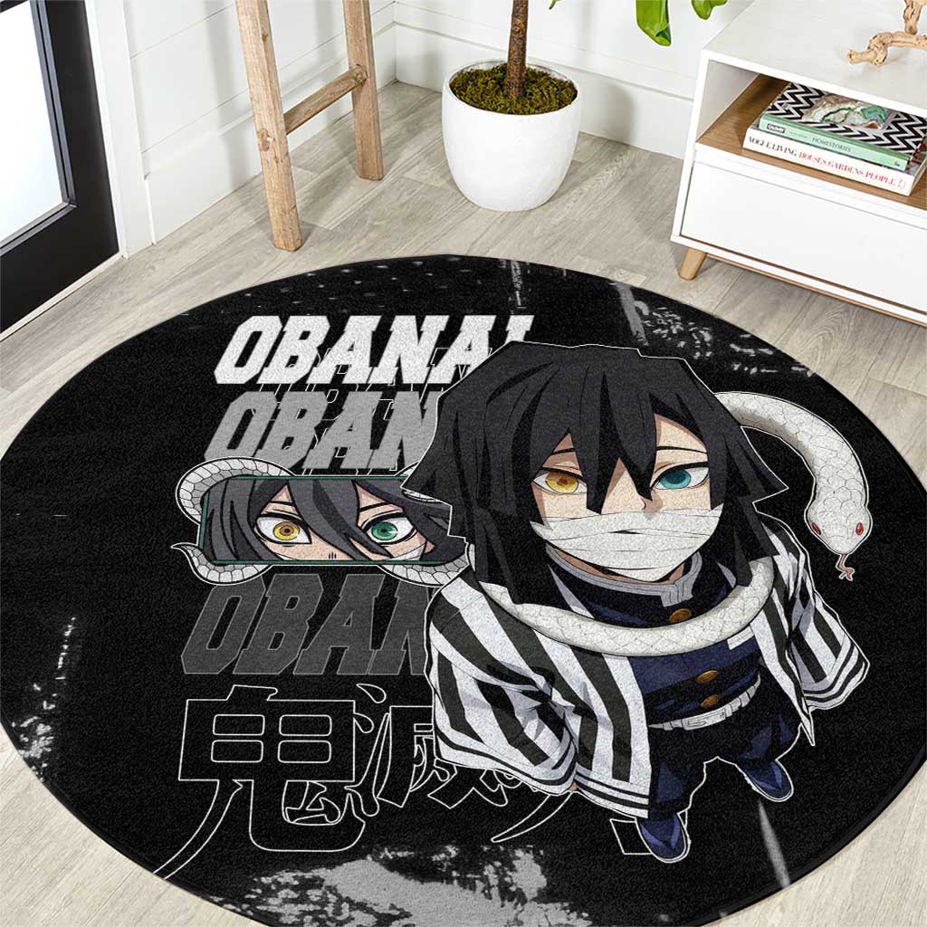 Obanai Iguro Demon Slayer Monochrome Round Carpet Design with Snake and Grunge Texture - The Mazicc