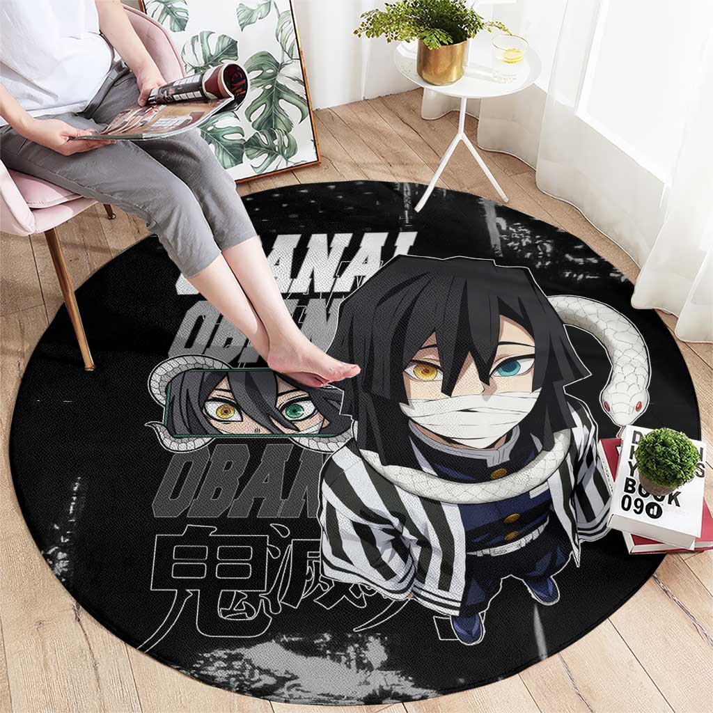 Obanai Iguro Demon Slayer Monochrome Round Carpet Design with Snake and Grunge Texture - The Mazicc