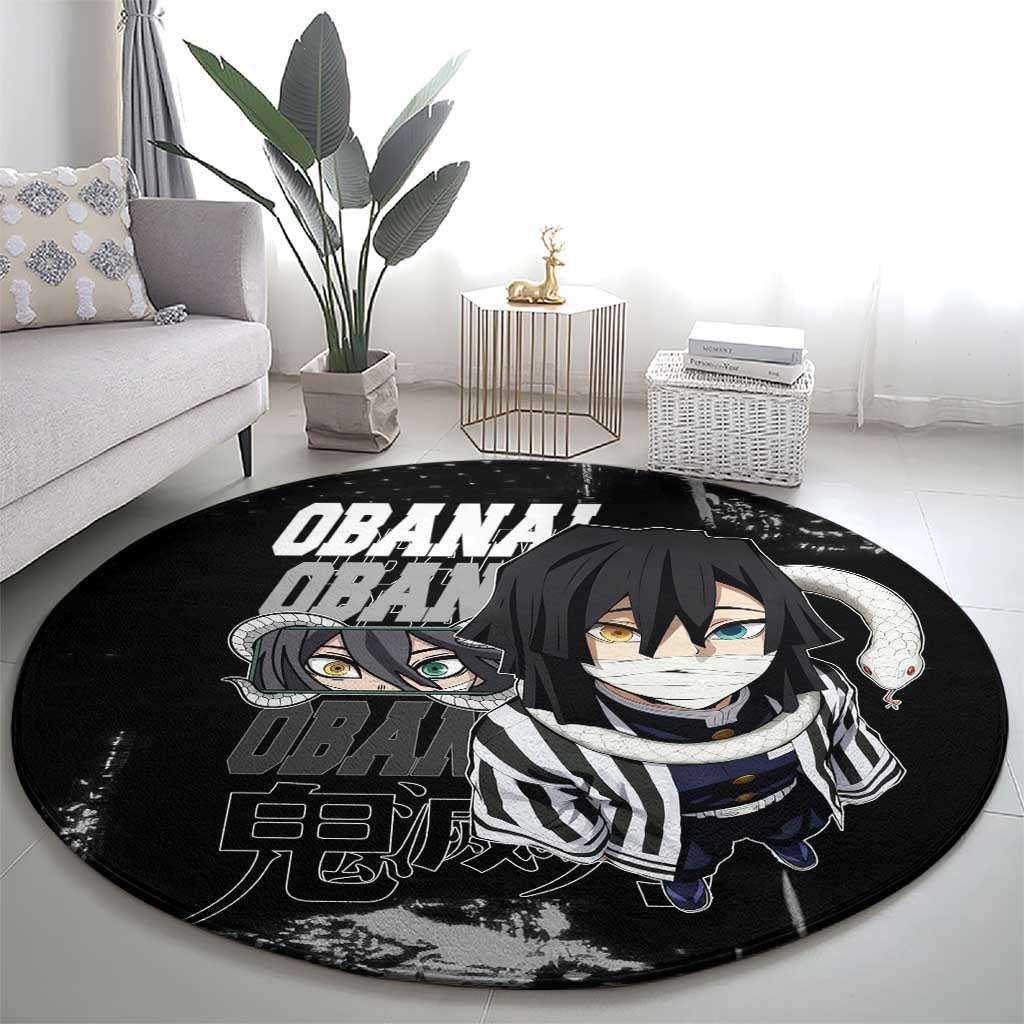 Obanai Iguro Demon Slayer Monochrome Round Carpet Design with Snake and Grunge Texture - The Mazicc