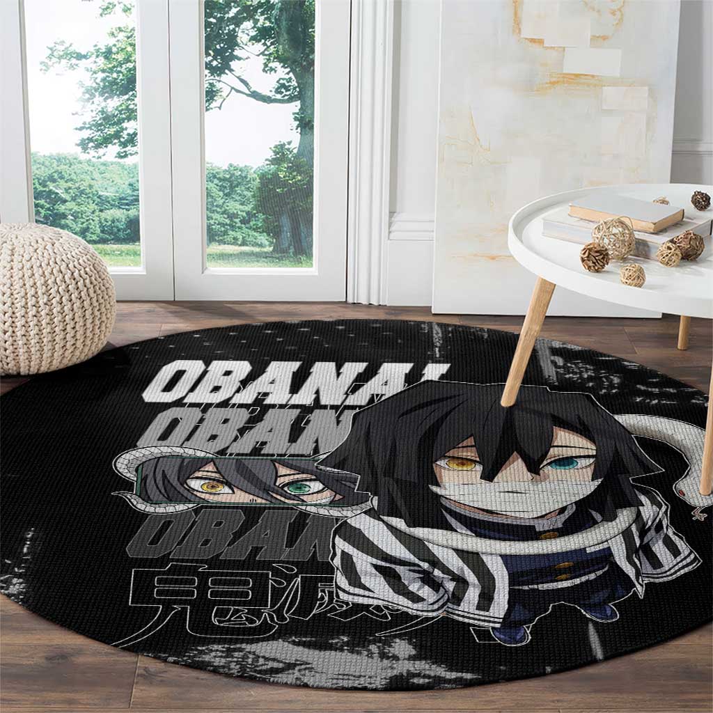 Obanai Iguro Demon Slayer Monochrome Round Carpet Design with Snake and Grunge Texture - The Mazicc