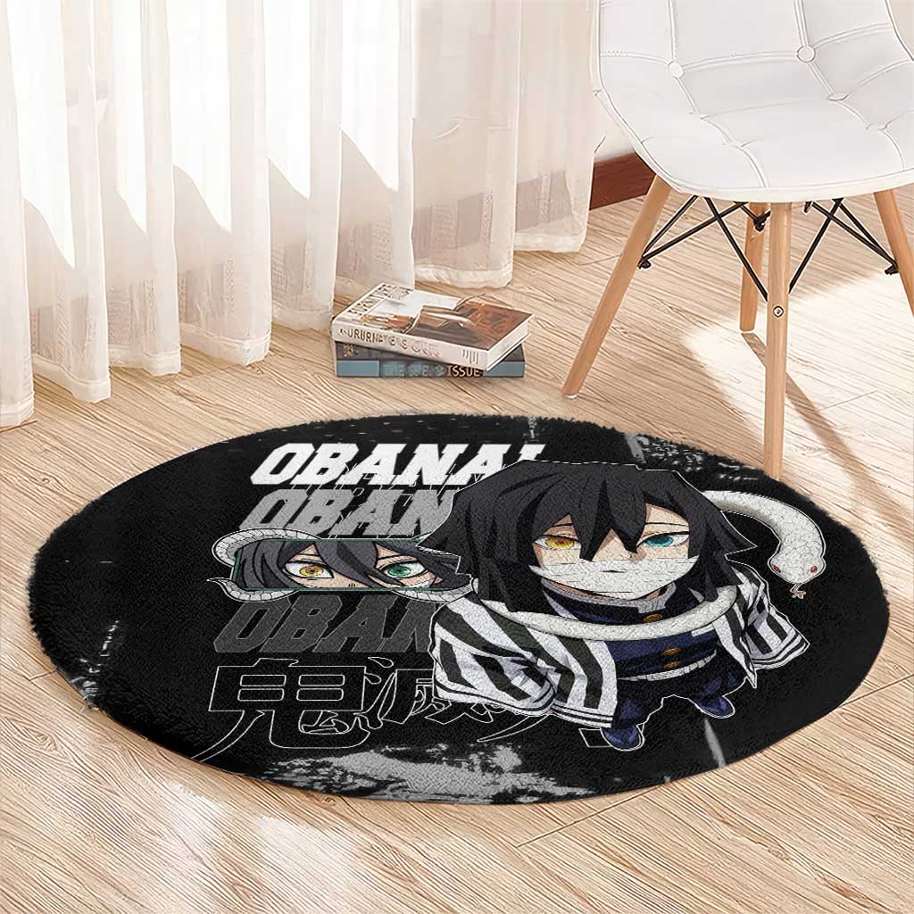 Obanai Iguro Demon Slayer Monochrome Round Carpet Design with Snake and Grunge Texture - The Mazicc