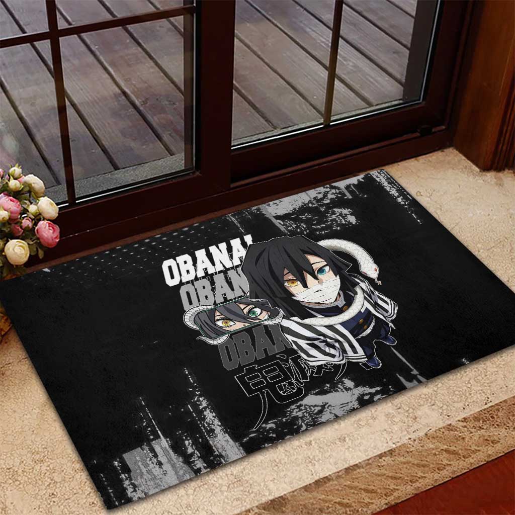 Obanai Iguro Demon Slayer Monochrome Rubber Doormat Design with Snake and Grunge Texture - The Mazicc