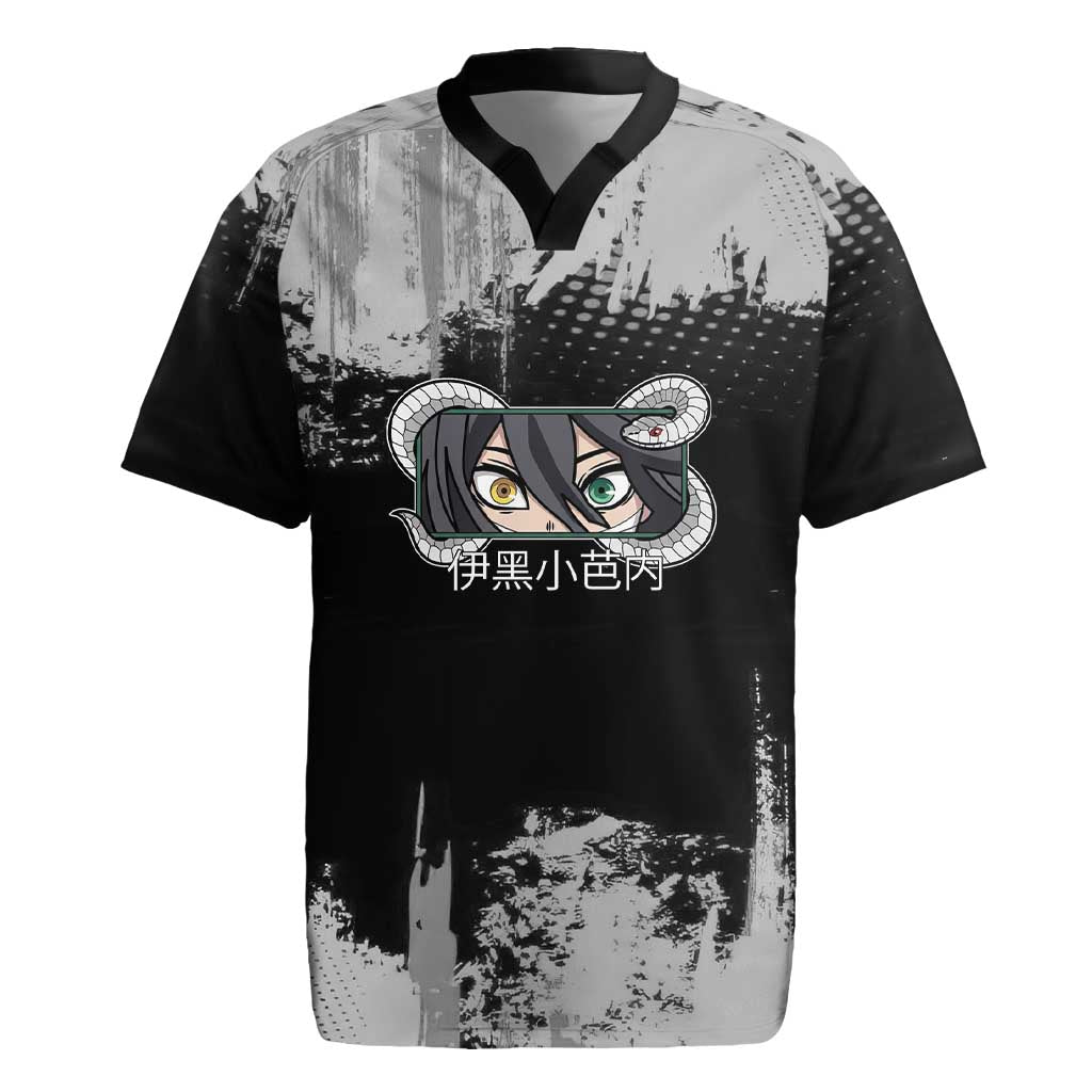 Obanai Iguro Demon Slayer Monochrome Rugby Jersey Design with Snake and Grunge Texture - The Mazicc