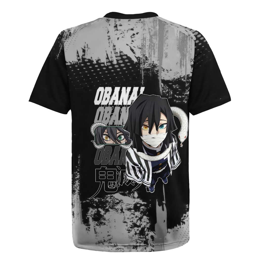 Obanai Iguro Demon Slayer Monochrome Rugby Jersey Design with Snake and Grunge Texture - The Mazicc