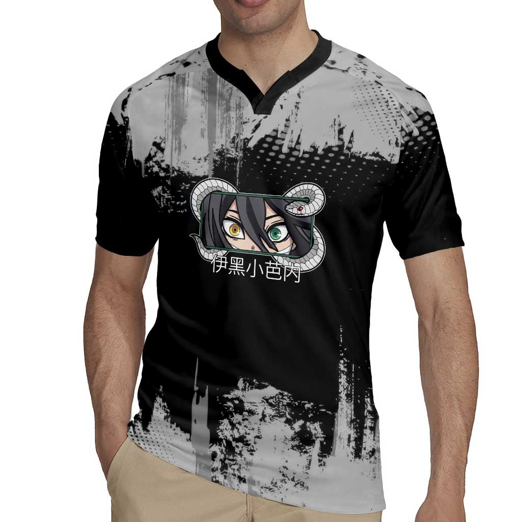Obanai Iguro Demon Slayer Monochrome Rugby Jersey Design with Snake and Grunge Texture - The Mazicc