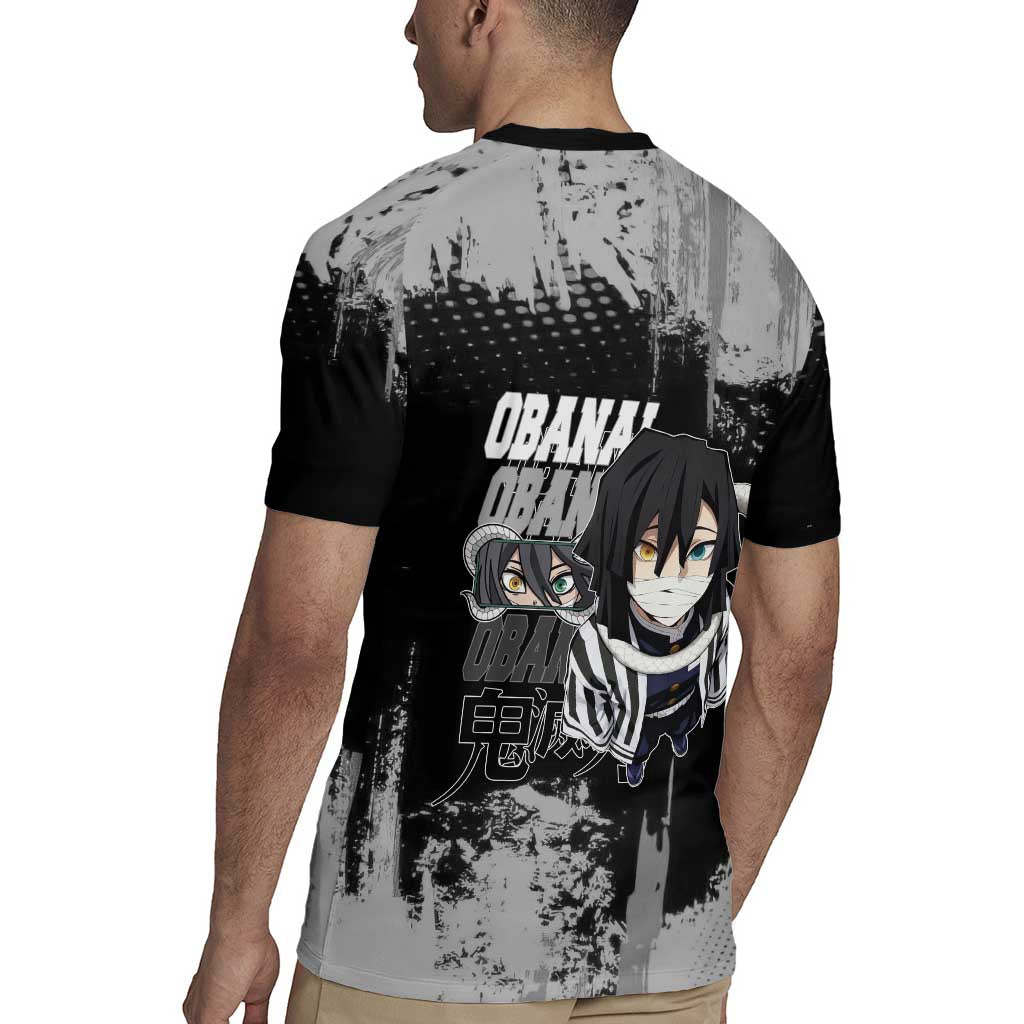 Obanai Iguro Demon Slayer Monochrome Rugby Jersey Design with Snake and Grunge Texture - The Mazicc