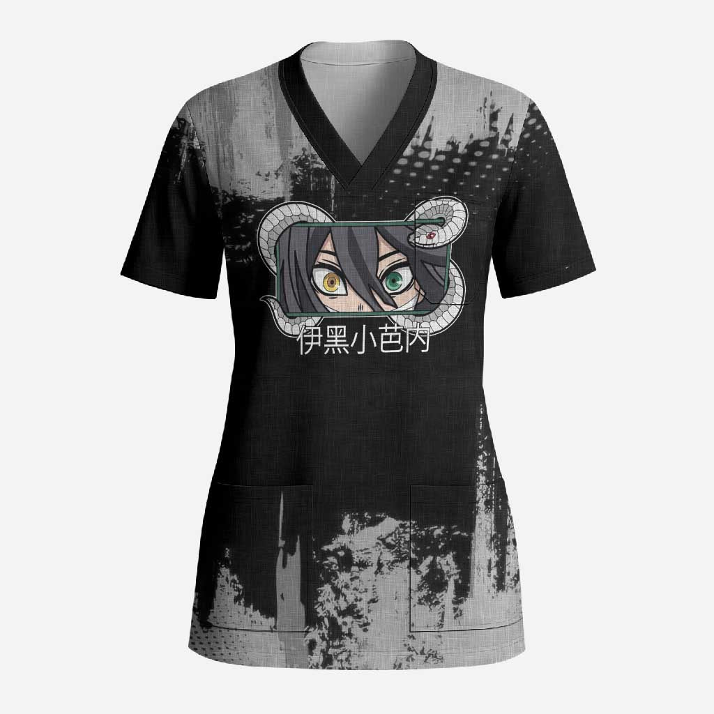 Obanai Iguro Demon Slayer Monochrome Scrub Top Design with Snake and Grunge Texture - The Mazicc